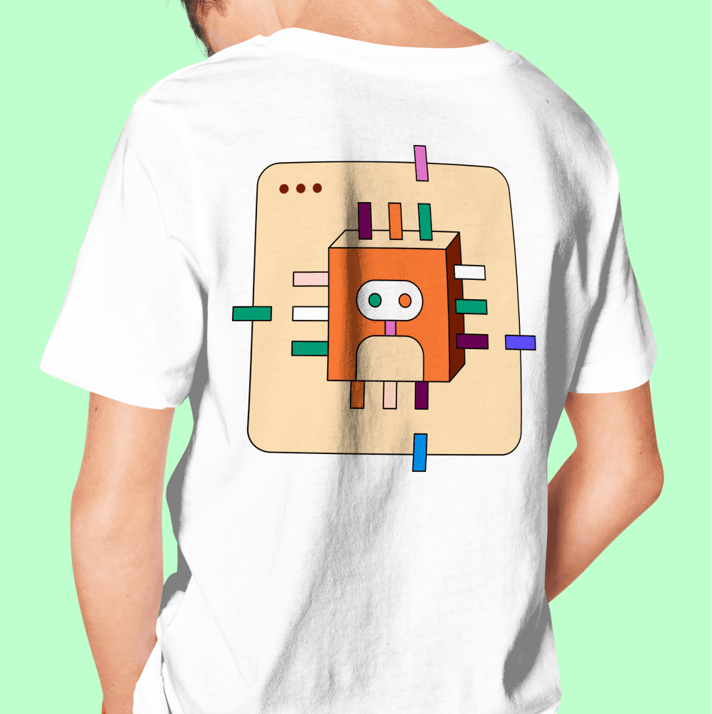 Back view of a white t-shirt featuring a colorful graphic design.