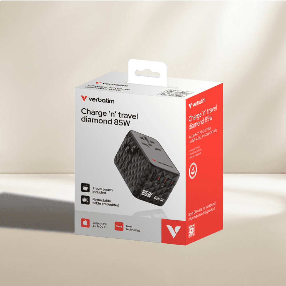 Verbatim Charge 'n' Travel Diamond 85W power adapter packaging.